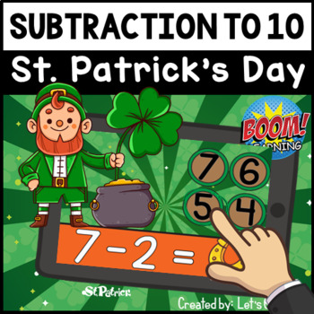 Preview of Subtraction to 10 Math BOOM Cards | Subtraction Facts Sums to 10 | St Patrick's