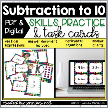 Preview of Subtraction to 10 Task Cards & Games | PDF & DIGITAL for Distance Learning