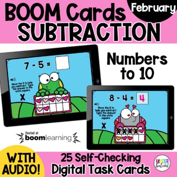 Preview of Subtraction to 10 Valentine Math BOOM Cards | Digital Games | February