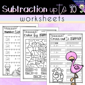 Preview of Subtraction to 10 Worksheets - Cross out to Subtract, Number Line, Riddle