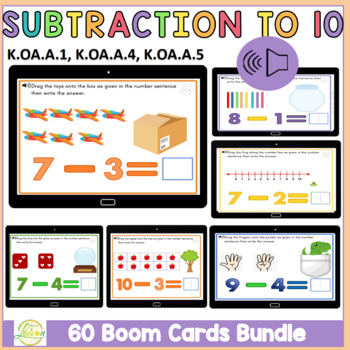Preview of Subtraction to 10 math Boom Cards™ K.OA.A.1 K.OA.A.4 K.OA.A.5