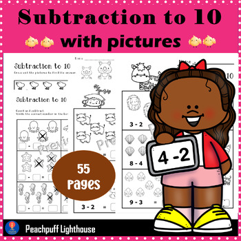 Preview of Subtraction to 10 with pictures-Basic operations for K-1st grade | Animal Theme