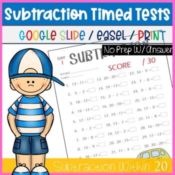 Preview of Subtraction to 20, 1st Grade Math Fact Problem Worksheets & TPT Digital Activity