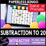 Subtraction to 20 Interactive Digital Bingo Game - Distanc