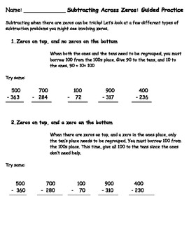 Subtraction Regrouping Across Zeros by Sarah Warwick | TpT