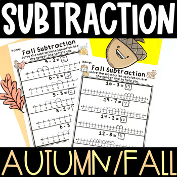 Preview of Autumn Fall Subtraction with a Number Line Kindergarten 1st Grade Worksheets