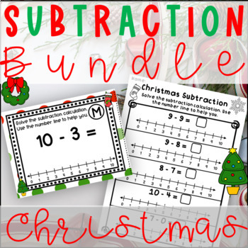 Preview of Christmas Subtraction with a Number Line Worksheet Task Card Bundle 1st Grade