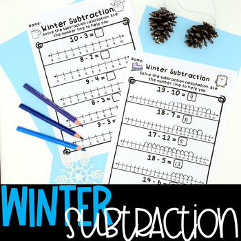 Preview of Subtraction with a Number Line Winter Math Worksheets Kindergarten 1st Grade