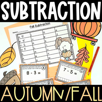 Preview of Autumn Fall Subtraction with a number line Task Cards Kindergarten