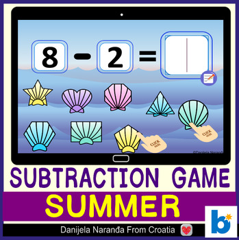 Preview of Subtraction within 10 2d Shapes | Summer Shells MATH game Boom™ Cards