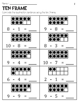 Subtraction within 10 with Ten Frame Pictures Worksheets by Owl School ...