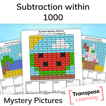 Preview of Subtraction within 1000 | Summer Mystery Pictures | Math Color by Code