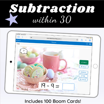 Preview of Subtraction within 30 Math Boom Cards Digital Resource Easter Theme