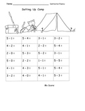 Subtraction within 5 Fluency Speed Drills or Practice Pages CAMPING Theme