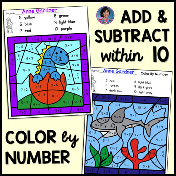 Preview of Color by Number Add & Subtract within (to) 10 Kindergarten Camp Ocean Dinosaur