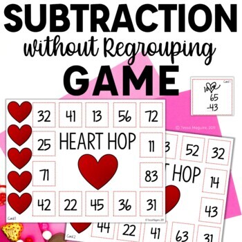 Preview of Valentine's Day 2 Digit Subtraction without Regrouping Game Double Digit Centers