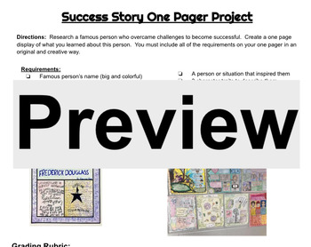 Preview of Success Story One Pager Project with Research Notes and Grading Rubric
