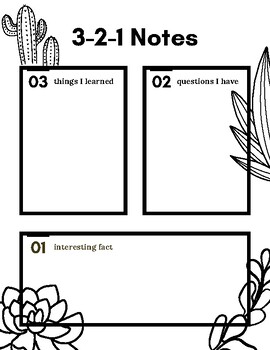 Preview of Succulent 3-2-1 Notes Worksheet