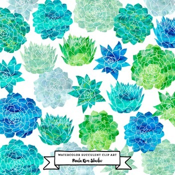 Succulent Flower Watercolor Clip Art - Blue and Green by Paula Kim Studio