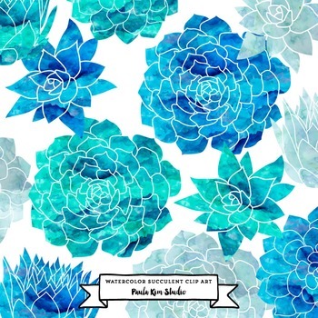 Succulent Flower Watercolor Clip Art - Blue and Green by Paula Kim Studio