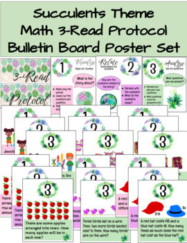 Preview of Succulents Theme - 3 Read Protocol Math Strategy - Bulletin Board Poster Set