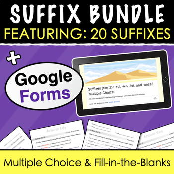 Preview of Suffix BUNDLE - 20 Google Forms and 10 Printable Quizzes, Word Lists, and Charts