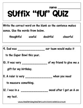 suffix ful activity matching sentences and quiz by