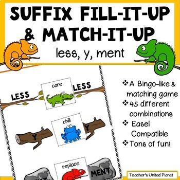 Preview of Suffix SOR Games/Activities -Less, Y, Ment -a Bingo-like & Matching Game + Easel