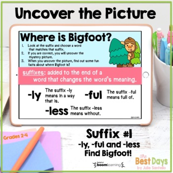 Preview of Suffix ly, ful, and less Uncover the Picture Bigfoot Theme Boom Cards