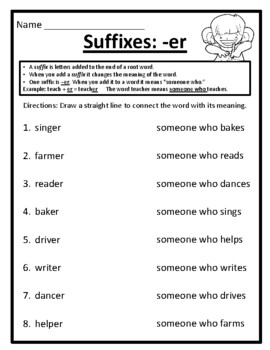 Preview of Suffix er Worksheet Suffixes -er Practice Suffixes Worksheets Suffixes Practice