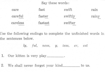 Preview of Suffixes: 4 Worksheets for Grammar, Structural Analysis + Using Sentence Context