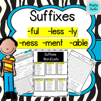 Preview of Suffixes FUL, LESS, NESS, LY, MENT, ABLE Practice Worksheets