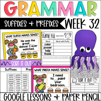Preview of Suffixes & Prefixes Mixed Review Grammar Language Week 32 Digital & Paper