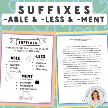 Preview of Suffixes Worksheets (-able, -less, and -ment suffixes) & Reading Passage