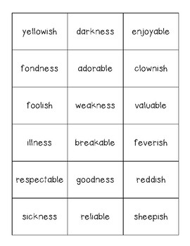 Suffixes Sorting Center (-ish, -ness, -able) and Recording Sheet