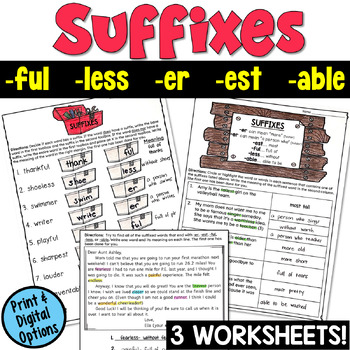 Preview of Suffix Worksheets (ful, less, er, est, able): Word Work Activities 2nd, 3rd, 4th