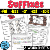 Suffix Worksheets (ful, less, er, est, able): Word Work Ac