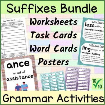 Preview of Suffixes Worksheets Word Cards Task Cards & Anchor Chart Posters Value Bundle