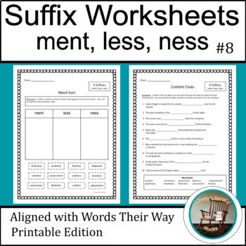 Preview of Suffixes Worksheets, Words Their Way Worksheets (ment, less, ness)