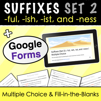 Preview of Suffixes | -ful, -ish, -ist, and -ness  | Google Forms + Printable Quiz & Lists