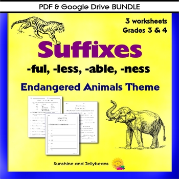 Preview of Suffixes -ful -less -able -ness - Endangered Animals - PDF & Google BUNDLE
