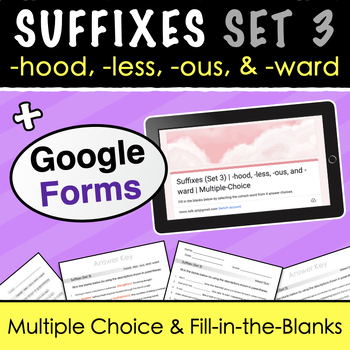 Preview of Suffixes | -hood, -less, -ous, and -ward | Google Forms + Printable Quiz & Lists