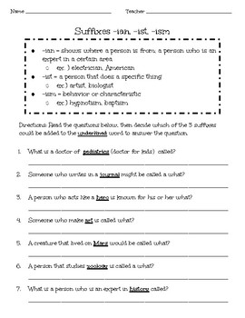 Ist Ian Ism Suffixes Worksheets Teaching Resources Tpt