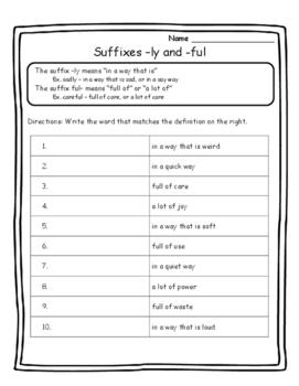 Preview of Language Arts Skill Practice Suffixes -ly and -ful Activity Suffixes Worksheet