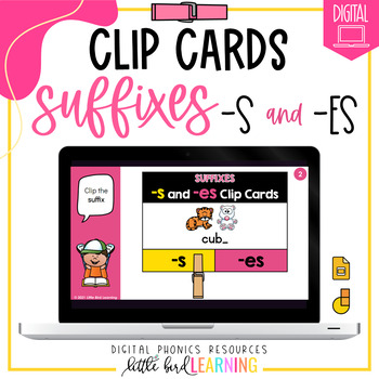 Preview of Suffixes -s and -es - Digital Clip Cards | Google Slides | Jamboard | Easel