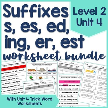 Suffixes s, es, ed, ing, er, est Phonics Worksheets, Level 2 Unit 4, w ...