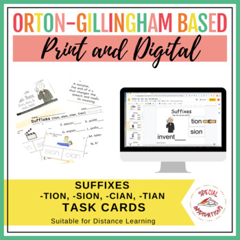 Preview of Suffixes tion, sion, cian, tian Task Cards | Science of Reading | Google Slides™