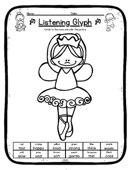 Preview of Sugar Plum Fairy Listening Glyph Elements of Music Coloring Worksheet Activity
