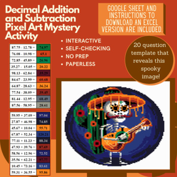 Preview of Sugar Skeleton Calavera Decimal Addition and Subtraction Pixel Art Mystery