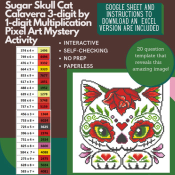 Preview of Sugar Skull Calavera Cat 3-digit by 1-digit Multiplication Pixel Art Mystery